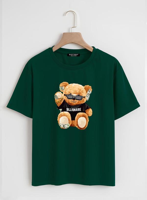 Unisex Oversize Bisiklet Yaka Billionaire Baskılı Basic T-Shirt - KOYU YEŞİL - Image 1