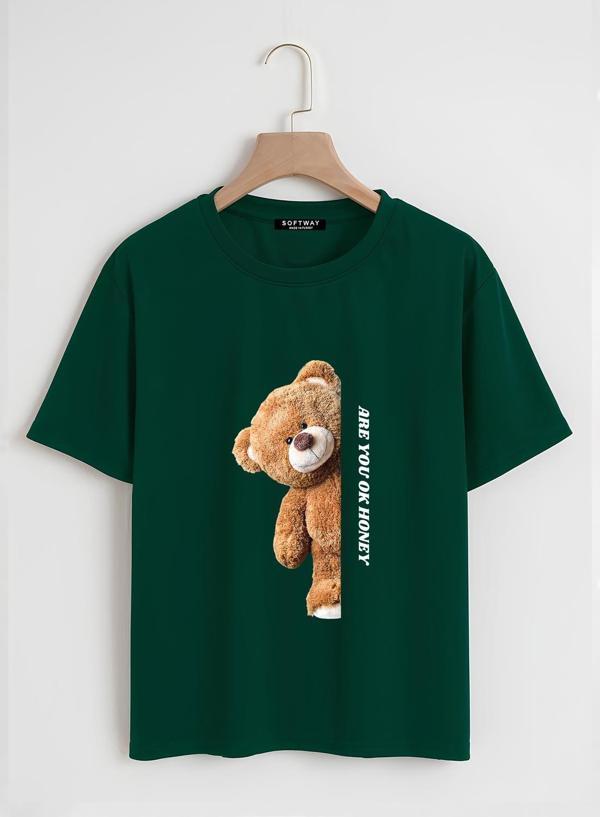 Unisex Oversize Bisiklet Yaka Are You Ok Honey Baskılı Basic T-Shirt - KOYU YEŞİL - Image 1