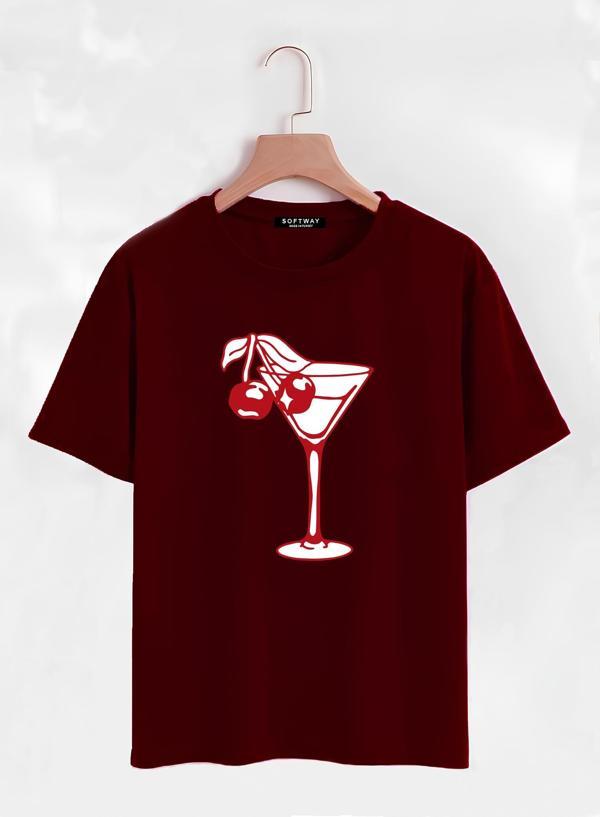 Unisex Oversize Bisiklet Yaka Cherry Cocktail Baskılı Basic T-Shirt - BORDO - Image 1