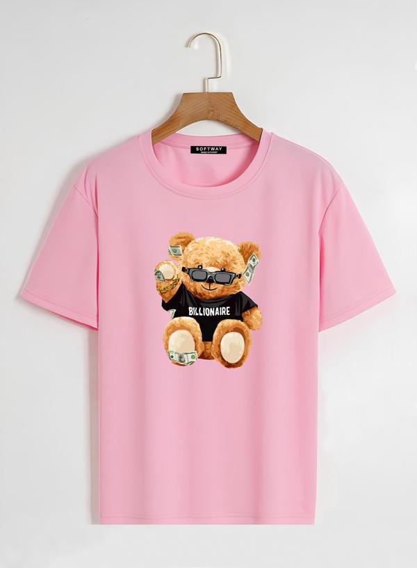 Unisex Oversize Bisiklet Yaka Billionaire Baskılı Basic T-Shirt - PEMBE - Image 1