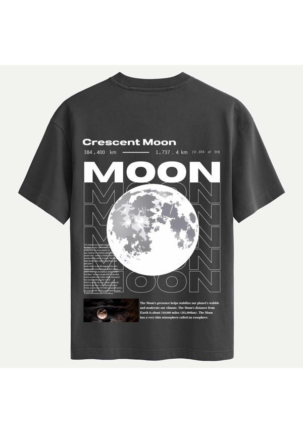 Unisex Bisiklet Yaka %100 Organik Pamuklu Kalın Dokulu Moon Baskılı Oversize T-shirt - FÜME - Image 1