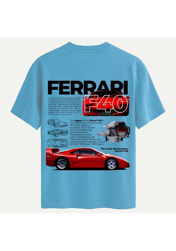 Unisex Bisiklet Yaka %100 Organik Pamuklu Kalın Dokulu Ferrari F40 Baskılı Oversize T-shirt - MAVİ - Image 1