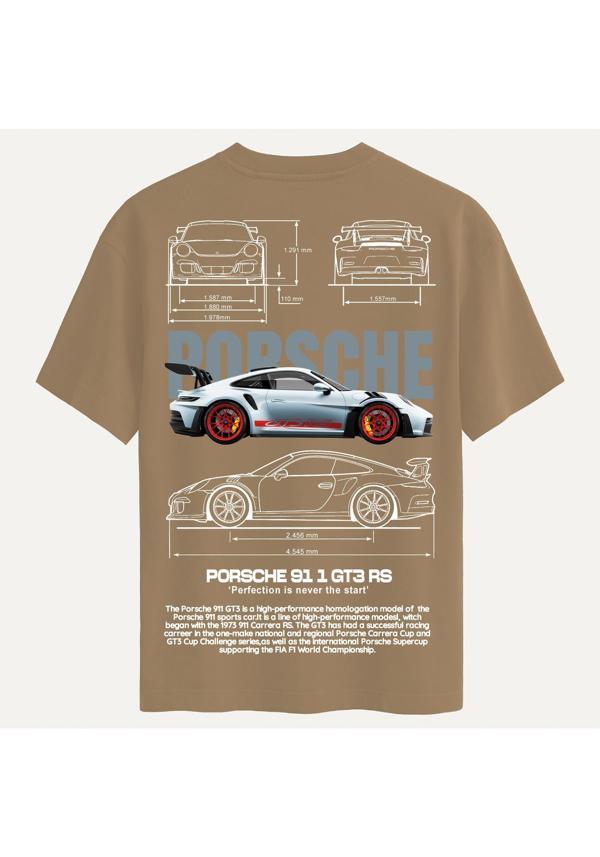 Unisex Bisiklet Yaka %100 Organik Pamuklu Kalın Dokulu Porsche 911 gt3 rs Baskılı Oversize T-shirt - AÇIK KAHVERENGİ - Image 1