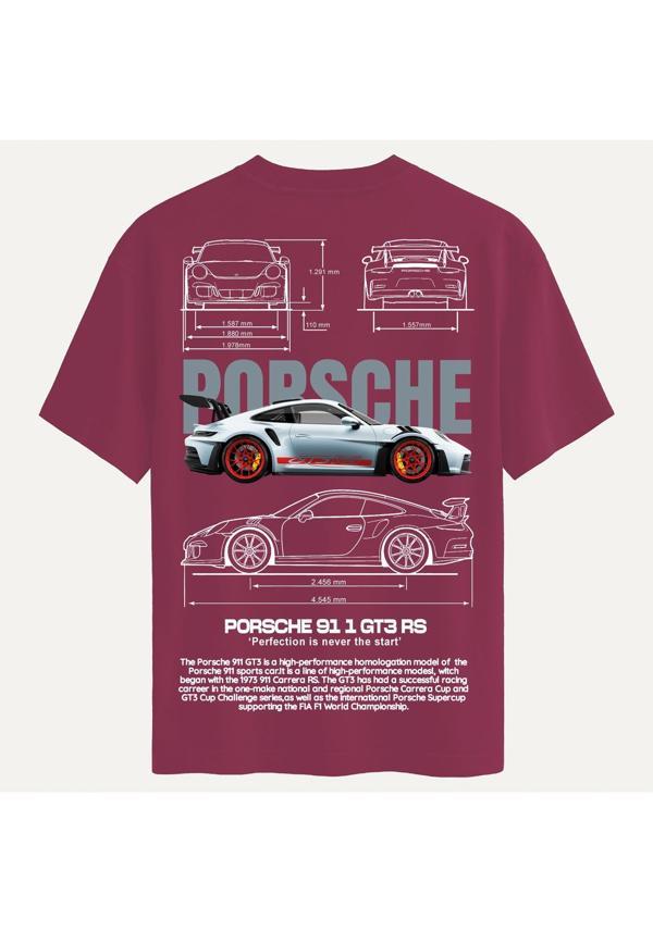 Unisex Bisiklet Yaka %100 Organik Pamuklu Kalın Dokulu Porsche 911 gt3 rs Baskılı Oversize T-shirt - BORDO - Image 1