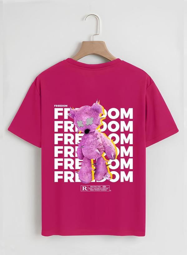 Unisex Oversize Bisiklet Yaka Freedom Baskılı Basic T-Shirt - FUŞYA - Image 1