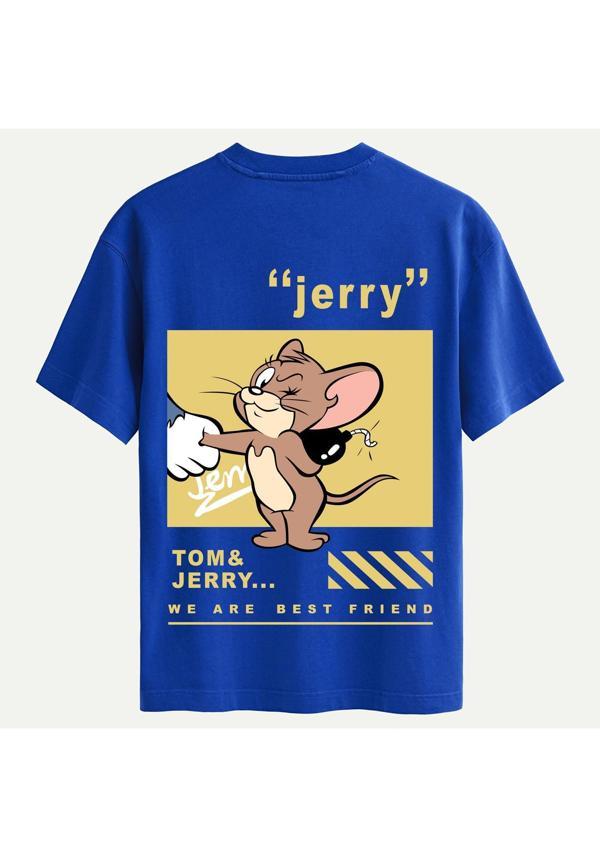 Unisex Bisiklet Yaka %100 Organik Pamuklu Kalın Dokulu Jerry Baskılı Oversize T-shirt - SAKS MAVİSİ - Image 1