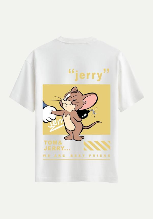 Unisex Bisiklet Yaka %100 Organik Pamuklu Kalın Dokulu Jerry Baskılı Oversize T-shirt - EKRU - Image 1