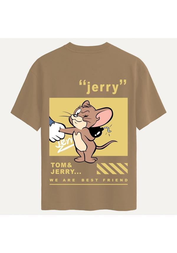 Unisex Bisiklet Yaka %100 Organik Pamuklu Kalın Dokulu Jerry Baskılı Oversize T-shirt - AÇIK KAHVERENGİ - Image 1