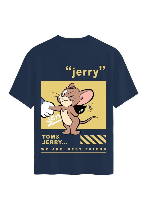 Unisex Bisiklet Yaka %100 Organik Pamuklu Kalın Dokulu Jerry Baskılı Oversize T-shirt - LACİVERT - Image 1