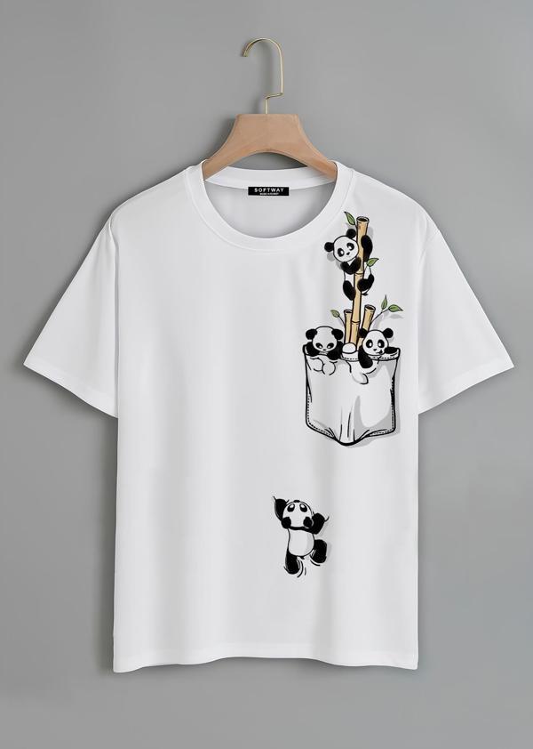 Unisex Oversize Bisiklet Yaka Climbing Panda Baskılı Basic T-Shirt - BEYAZ - Image 1