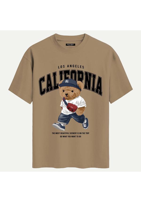 Unisex Bisiklet Yaka %100 Organik Pamuklu Kalın Dokulu Behind California Oversize T-shirt - AÇIK KAHVERENGİ - Image 1