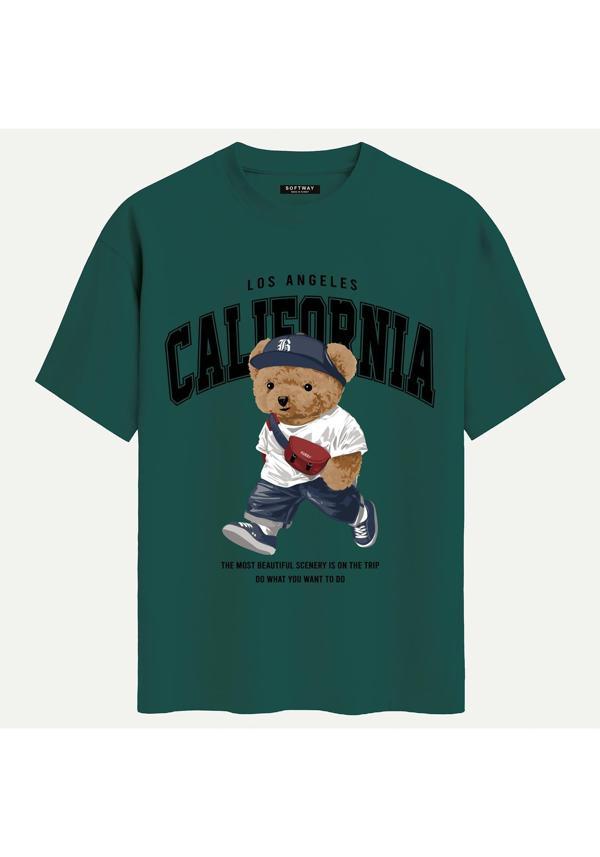 Unisex Bisiklet Yaka %100 Organik Pamuklu Kalın Dokulu California Baskılı Oversize T-shirt - KOYU YEŞİL - Image 1