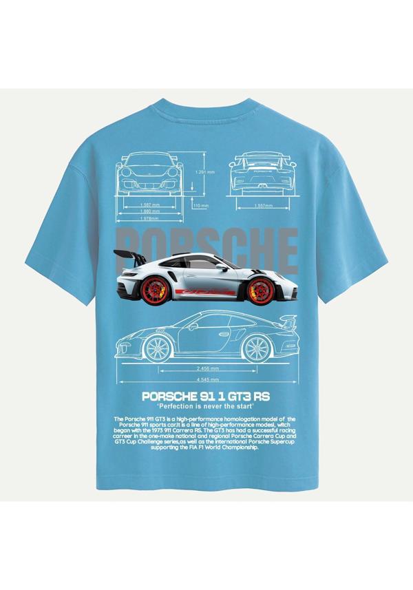 Unisex Bisiklet Yaka %100 Organik Pamuklu Kalın Dokulu Porsche 911 gt3 rs Baskılı Oversize T-shirt - MAVİ - Image 1