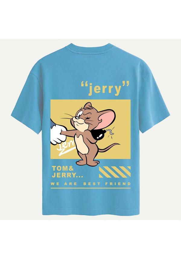 Unisex Bisiklet Yaka %100 Organik Pamuklu Kalın Dokulu Jerry Baskılı Oversize T-shirt - MAVİ - Image 1