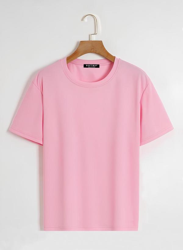 Unisex Oversize Bisiklet Yaka Düz Basic T-Shirt - PEMBE - Image 1
