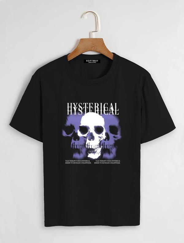 Unisex Oversize Bisiklet Yaka Hysterigal Baskılı Basic T-Shirt - SİYAH - Image 1