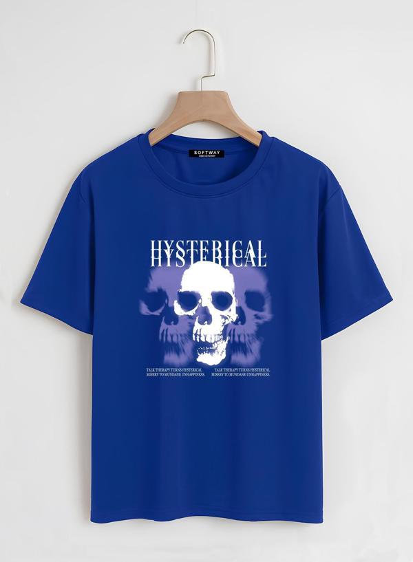 Unisex Oversize Bisiklet Yaka Hysterigal Baskılı Basic T-Shirt - SAKS MAVİSİ - Image 1