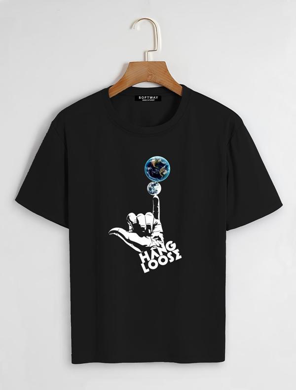 Unisex Oversize Bisiklet Yaka Hang Loose Baskılı Basic T-Shirt - SİYAH - Image 1