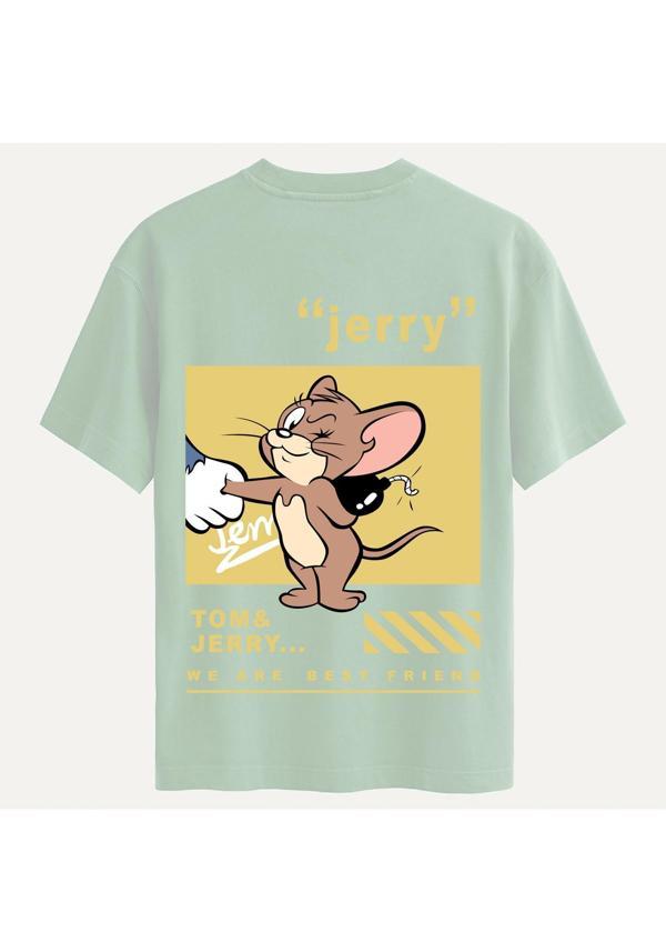 Unisex Bisiklet Yaka %100 Organik Pamuklu Kalın Dokulu Jerry Baskılı Oversize T-shirt - BEJ - Image 1