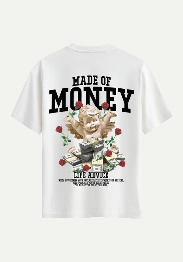 Unisex Bisiklet Yaka %100 Organik Pamuklu Kalın Dokulu Made Of Money Baskılı Oversize T-shirt - EKRU - Image 1