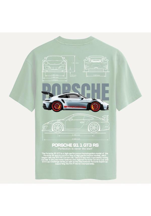 Unisex Bisiklet Yaka %100 Organik Pamuklu Kalın Dokulu Porsche 911 gt3 rs Baskılı Oversize T-shirt - BEJ - Image 1