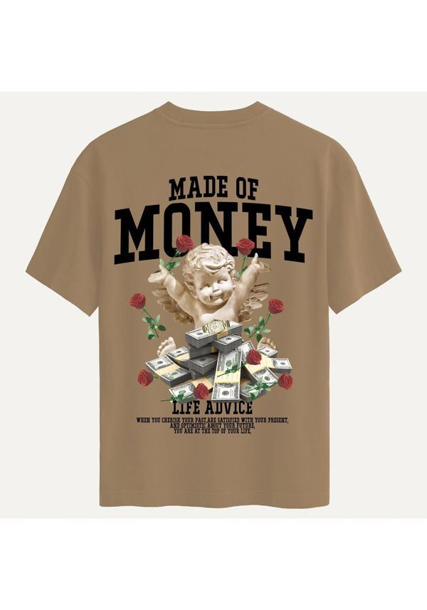 Unisex Bisiklet Yaka %100 Organik Pamuklu Kalın Dokulu Made Of Money Baskılı Oversize T-shirt - AÇIK KAHVERENGİ - Image 1