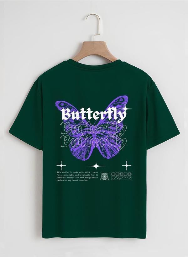 Unisex Oversize Bisiklet Yaka Butterfly Baskılı Basic T-Shirt - KOYU YEŞİL - Image 1
