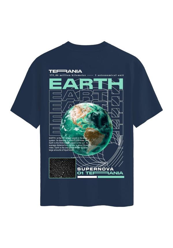 Unisex Bisiklet Yaka %100 Organik Pamuklu Kalın Dokulu Earth Baskılı Oversize T-shirt - LACİVERT - Image 1