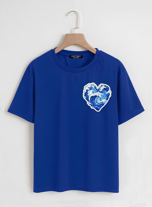 Unisex Oversize Bisiklet Yaka Ocean Heart Baskılı Basic T-Shirt - SAKS MAVİSİ - Image 1