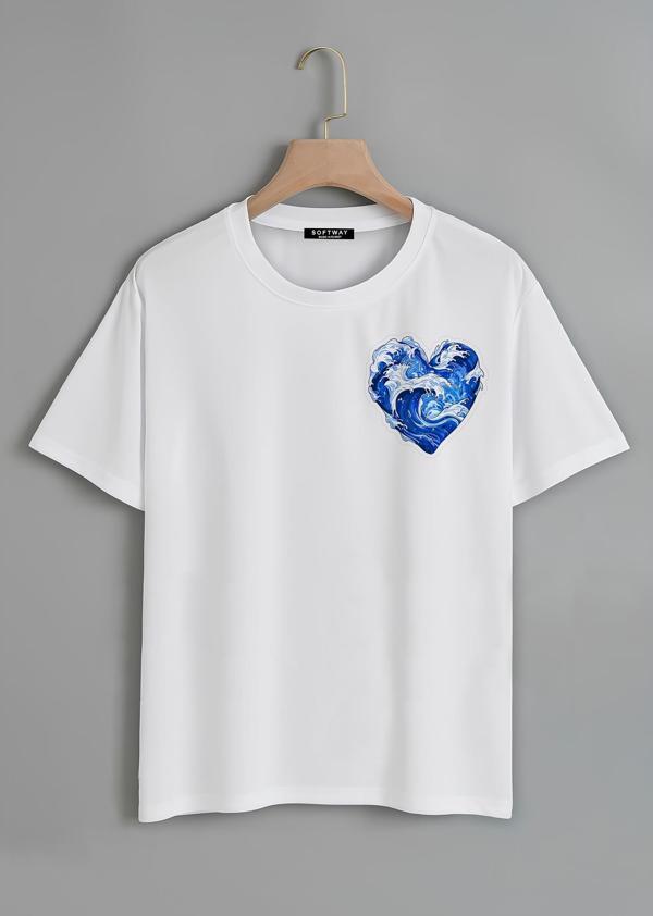 Unisex Oversize Bisiklet Yaka Ocean Heart Baskılı Basic T-Shirt - BEYAZ - Image 1