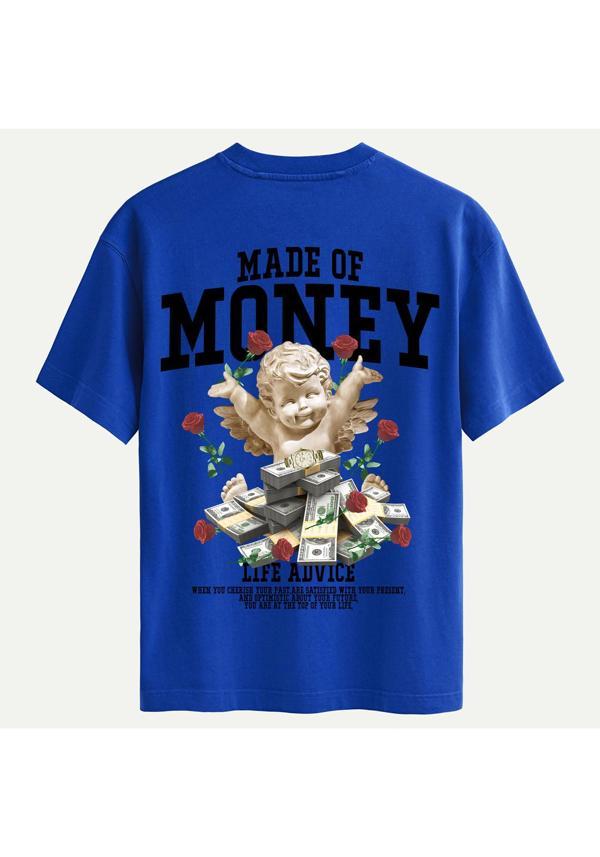 Unisex Bisiklet Yaka %100 Organik Pamuklu Kalın Dokulu Made Of Money Baskılı Oversize T-shirt - SAKS MAVİSİ - Image 1