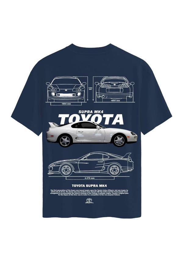 Unisex Bisiklet Yaka %100 Organik Pamuklu Kalın Dokulu Toyota Supra mk4 Baskılı Oversize T-shirt - LACİVERT - Image 1