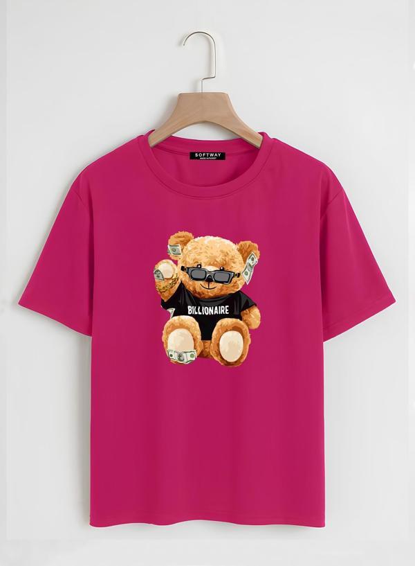 Unisex Oversize Bisiklet Yaka Billionaire Baskılı Basic T-Shirt - FUŞYA - Image 1