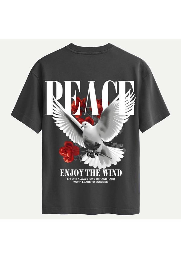 Unisex Bisiklet Yaka %100 Organik Pamuklu Kalın Dokulu Peace Baskılı Oversize T-shirt - FÜME - Image 1