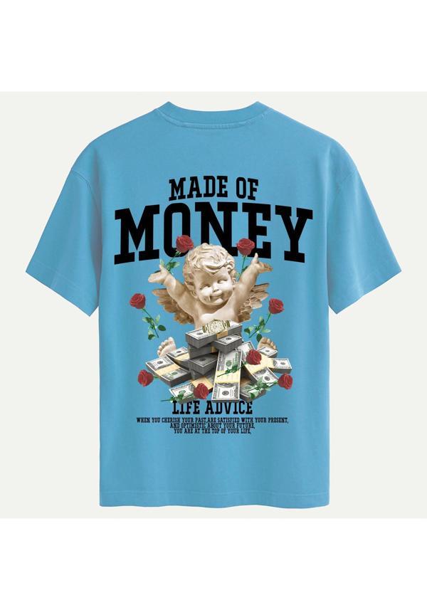 Unisex Bisiklet Yaka %100 Organik Pamuklu Kalın Dokulu Made Of Money Baskılı Oversize T-shirt - MAVİ - Image 1