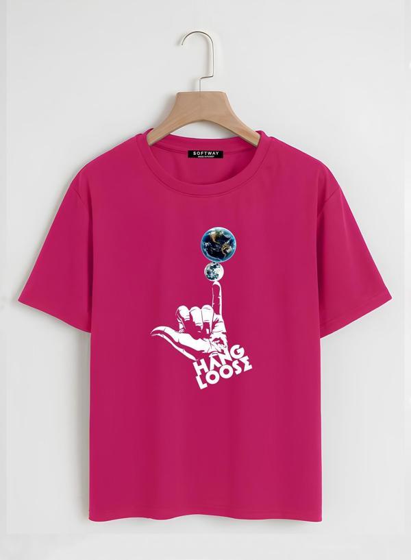 Unisex Oversize Bisiklet Yaka Hang Loose Baskılı Basic T-Shirt - FUŞYA - Image 1
