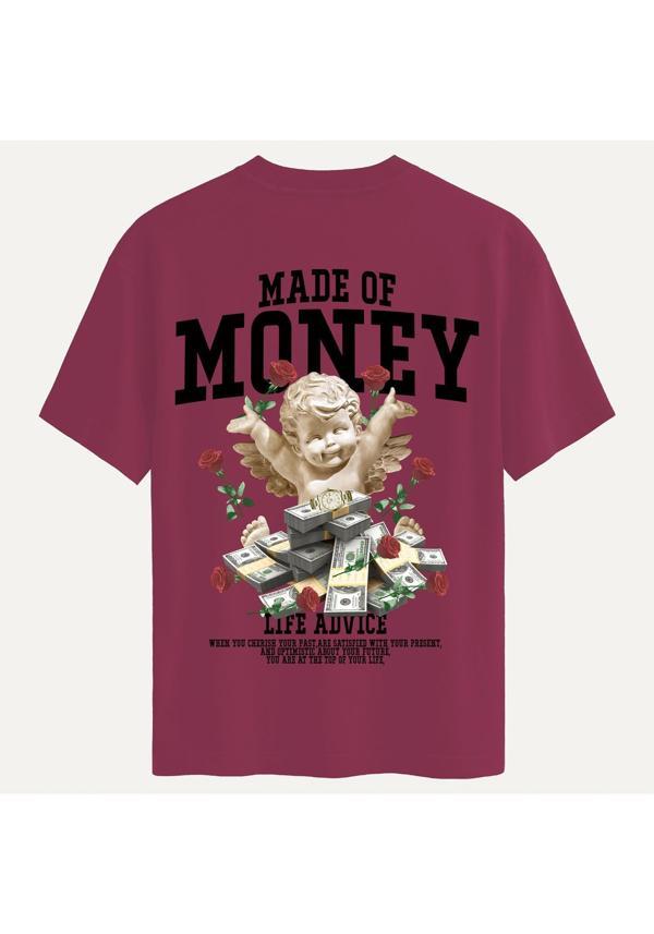 Unisex Bisiklet Yaka %100 Organik Pamuklu Kalın Dokulu Made Of Money Baskılı Oversize T-shirt - BORDO - Image 1