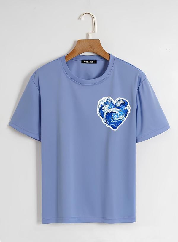Unisex Oversize Bisiklet Yaka Ocean Heart Baskılı Basic T-Shirt - MAVİ - Image 1