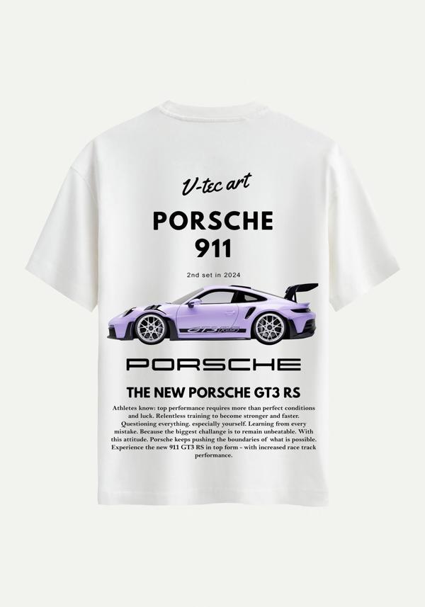 Unisex Bisiklet Yaka %100 Organik Pamuklu Kalın Dokulu Porsche 911 Baskılı Oversize T-shirt - EKRU - Image 1