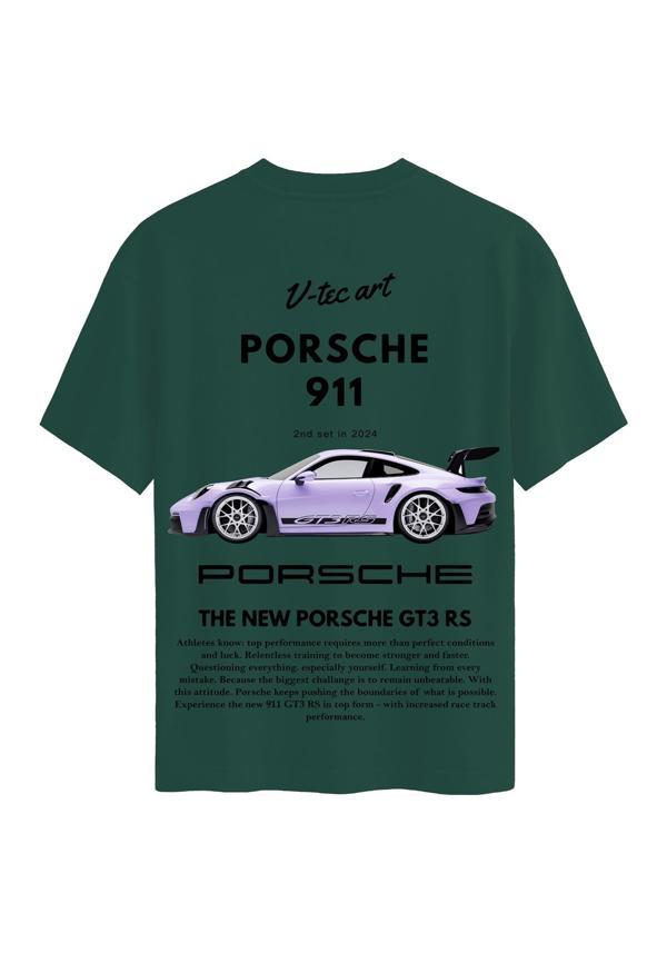 Unisex Bisiklet Yaka %100 Organik Pamuklu Kalın Dokulu Porsche 911 Baskılı Oversize T-shirt - KOYU YEŞİL - Image 1