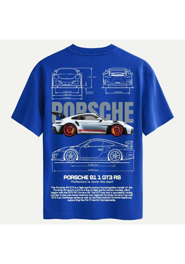 Unisex Bisiklet Yaka %100 Organik Pamuklu Kalın Dokulu Porsche 911 gt3 rs Baskılı Oversize T-shirt - SAKS MAVİSİ - Image 1