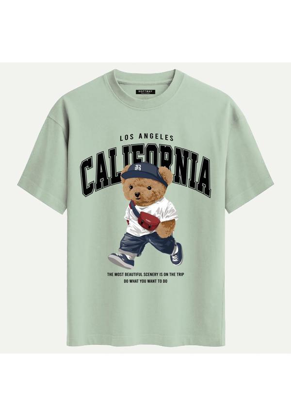 Unisex Bisiklet Yaka %100 Organik Pamuklu Kalın Dokulu California Baskılı Oversize T-shirt - BEJ - Image 1