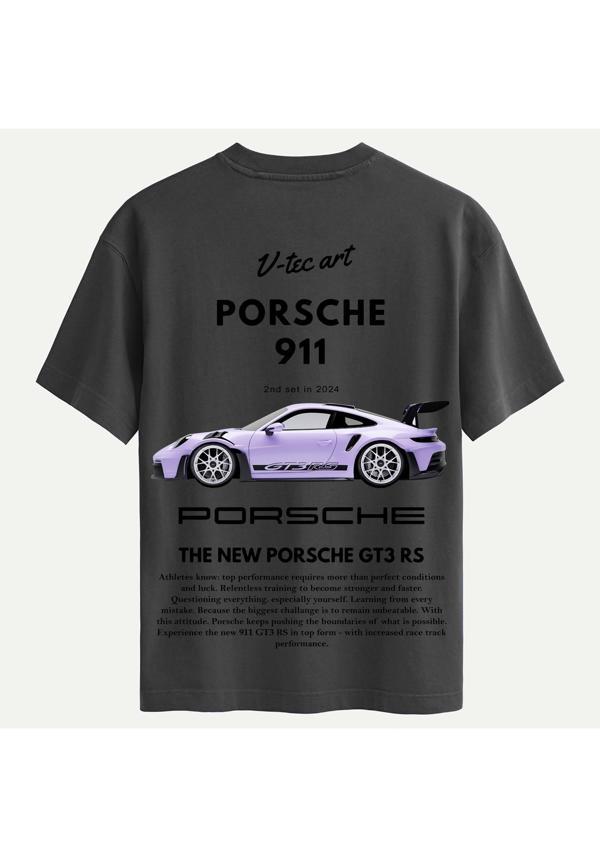 Unisex Bisiklet Yaka %100 Organik Pamuklu Kalın Dokulu Porsche 911 Baskılı Oversize T-shirt - FÜME - Image 1