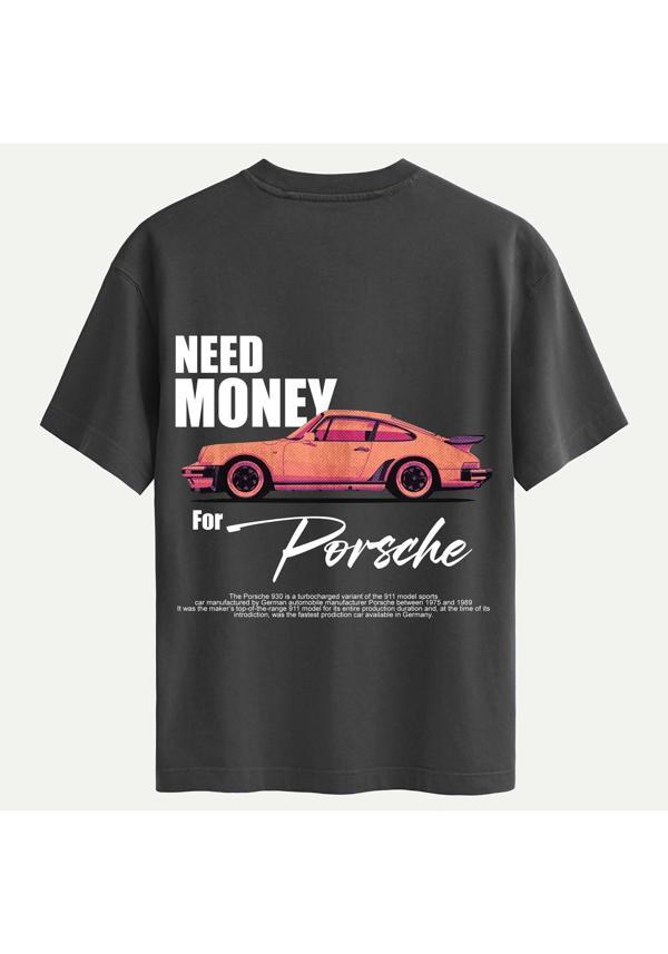 Unisex Bisiklet Yaka %100 Organik Pamuklu Kalın Dokulu Need Money For Porsche Baskılı Oversize T-shirt - FÜME - Image 1