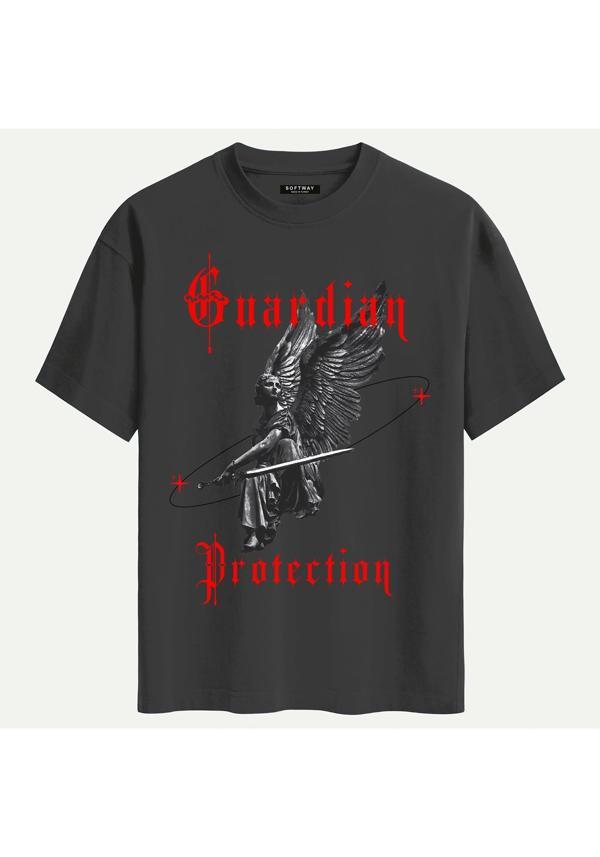 Unisex Bisiklet Yaka %100 Organik Pamuklu Kalın Dokulu Guardian Protection Baskılı Oversize T-shirt - FÜME - Image 1