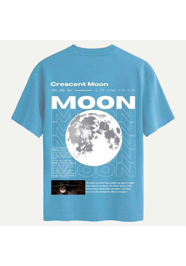 Unisex Bisiklet Yaka %100 Organik Pamuklu Kalın Dokulu Moon Baskılı Oversize T-shirt - MAVİ - Image 1