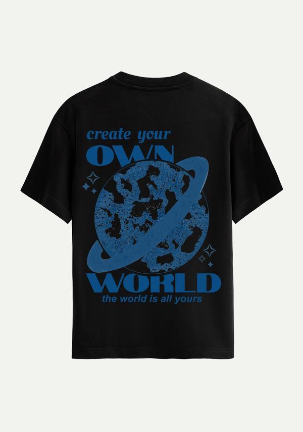 Unisex Bisiklet Yaka %100 Organik Pamuklu Kalın Dokulu Own World Baskılı Oversize T-shirt - SİYAH - Image 1