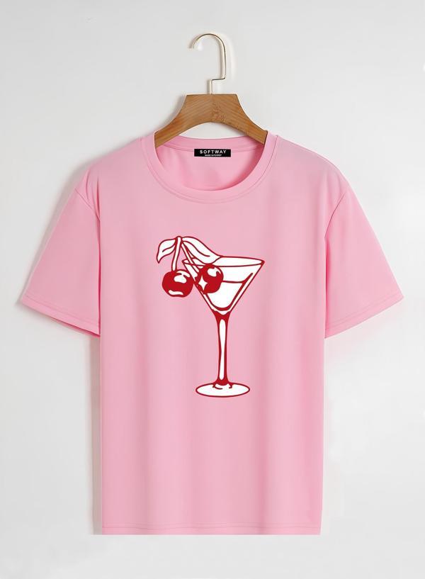 Unisex Oversize Bisiklet Yaka Cherry Cocktail Baskılı Basic T-Shirt - PEMBE - Image 1