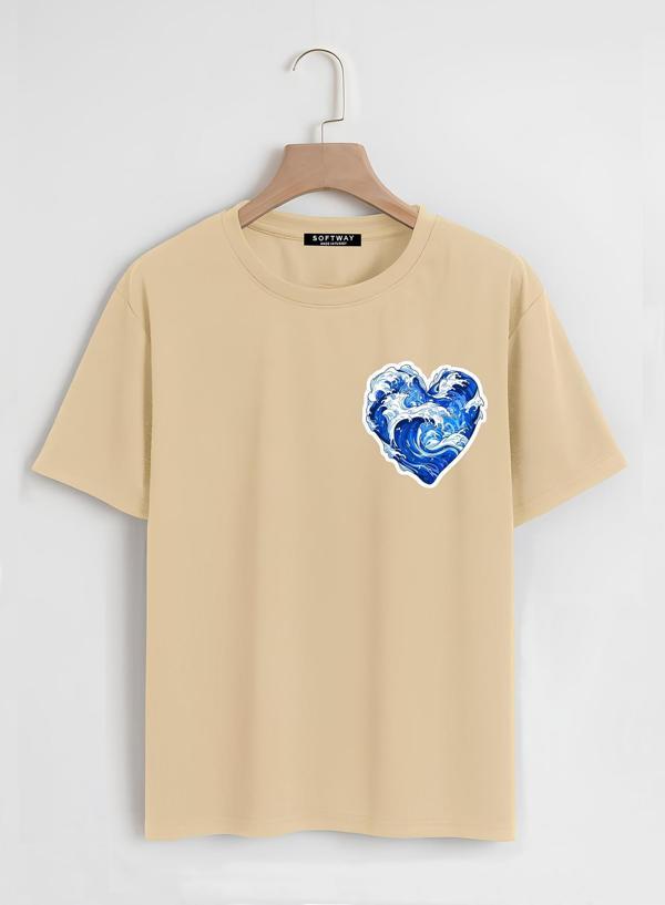 Unisex Oversize Bisiklet Yaka Ocean Heart Baskılı Basic T-Shirt - BEJ - Image 1