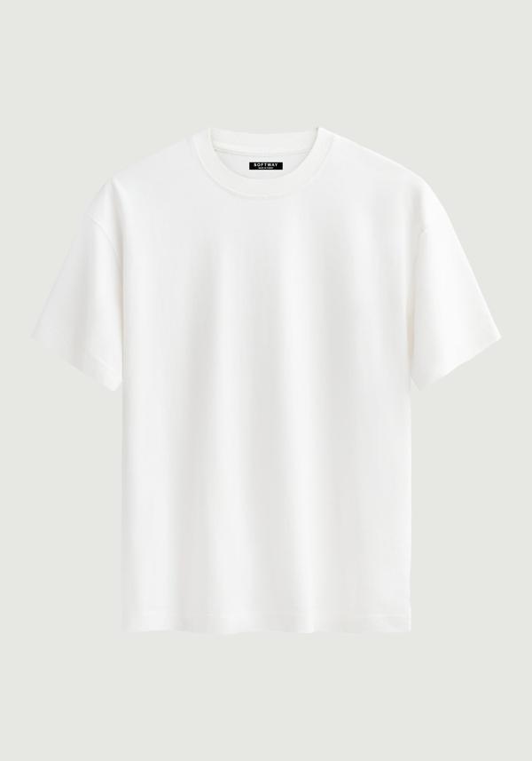 Unisex Bisiklet Yaka %100 Organik Pamuklu Kalın Dokulu Düz Oversize T-shirt - BEYAZ - Image 1